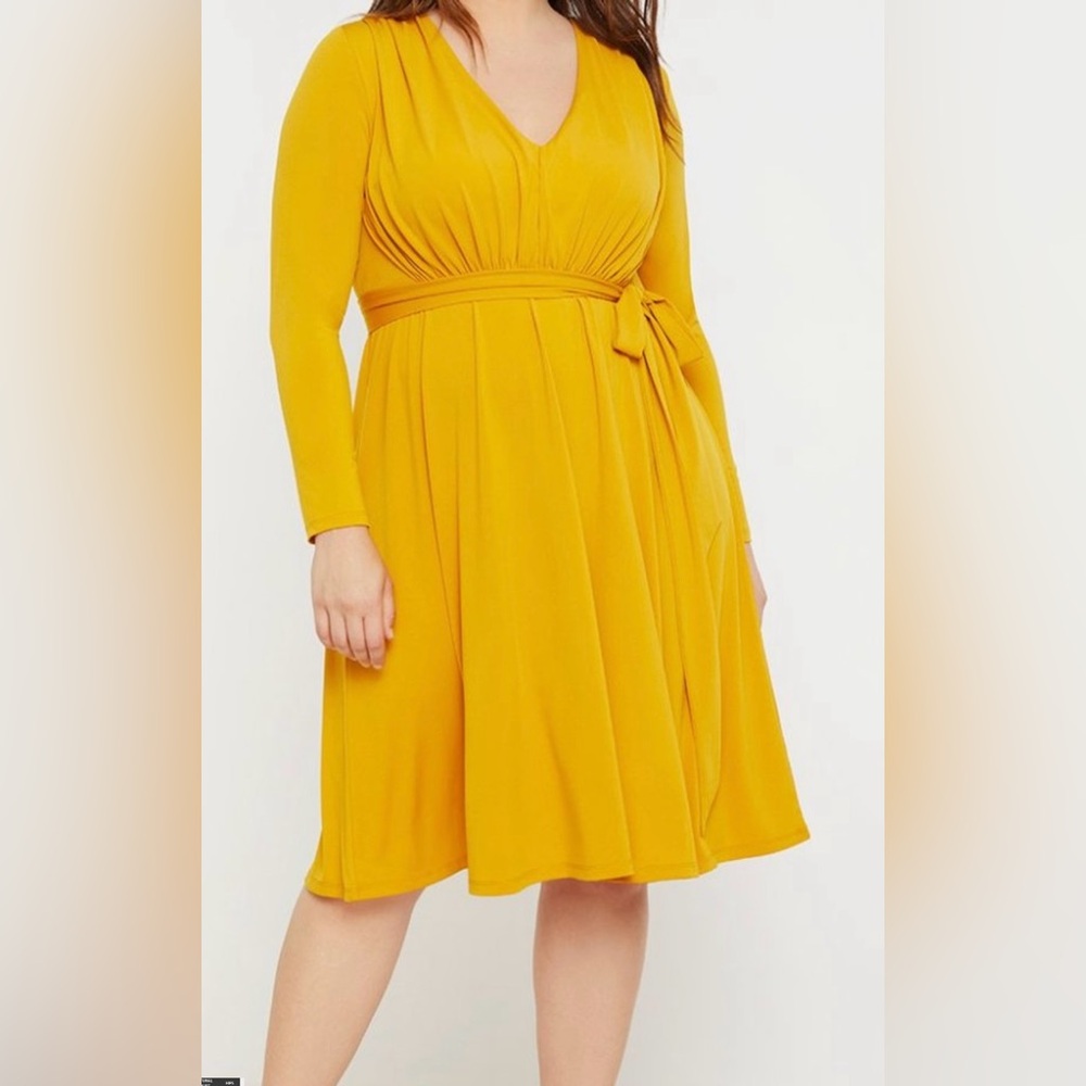 Eloquii Gathered Tie Waist V-Neck Midi Length Yellow Faux Wrap Dress Size 14